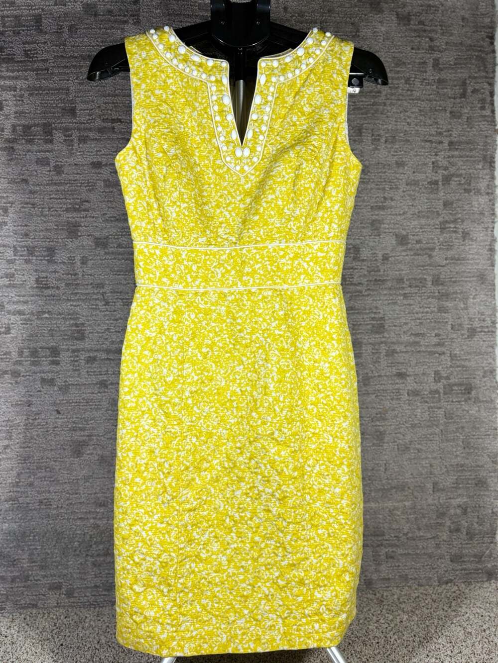 Tahari Arthur S. Levine Yellow Floral Jacquard Beaded Neckline Sheath Dress